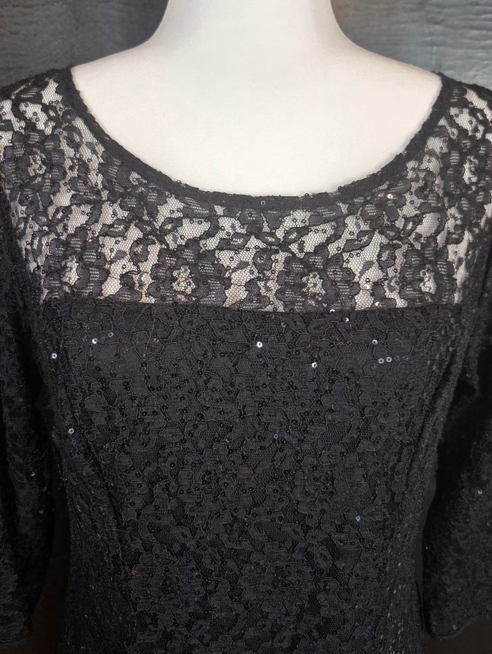 SLNY/S.L. Fashions Black Sequined Lace Fit & Flare Cocktail Dress - Size 10P - Picture 6 of 11